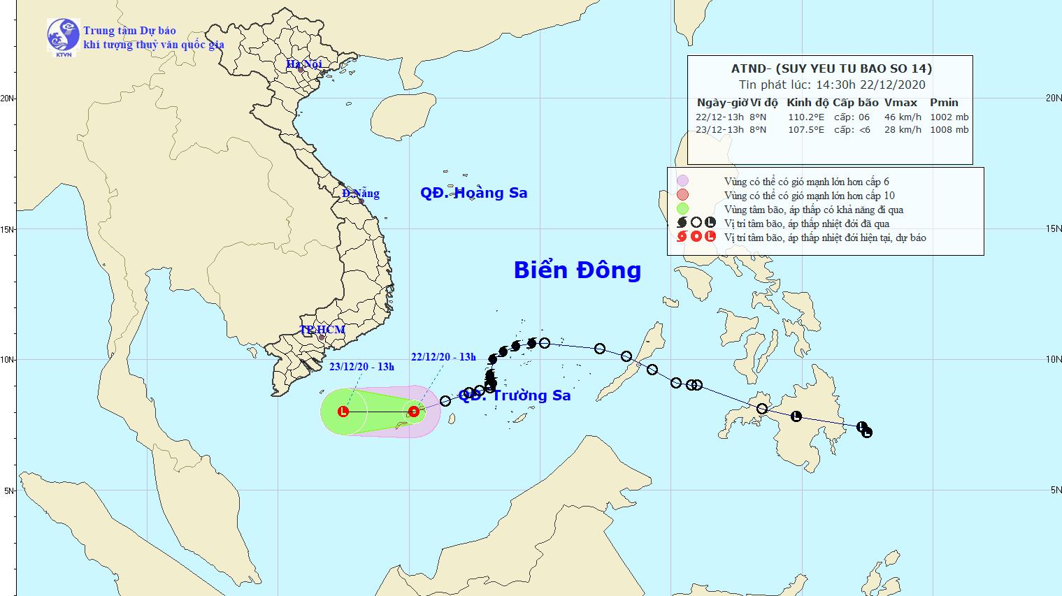 Áp thấp nhiệt đới di chuyển chậm, vùng biển phía Tây khu vực Nam Biển Đông gió mạnh cấp 6