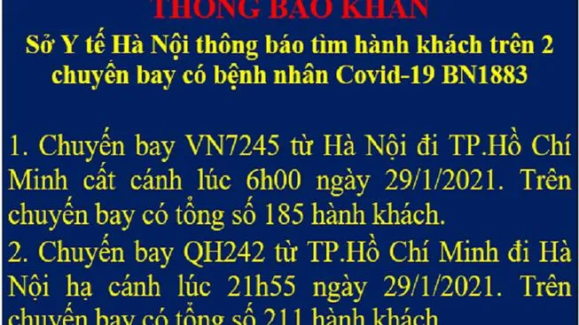 Hành khách trên chuyến bay Hà Nội-TPHCM VN7245 và QH242: Liên hệ ngay với cơ quan y tế
