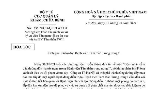 Bộ Y tế gửi văn bản yêu cầu xác minh, xử lý vụ mua bán, sử dụng ma túy trong bệnh viện Tâm thần TW I