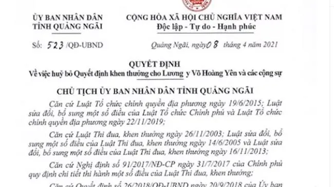 UBND tỉnh Quảng Ngãi hủy bỏ quyết định khen thưởng đối với Thần y Võ Hoàng Yên