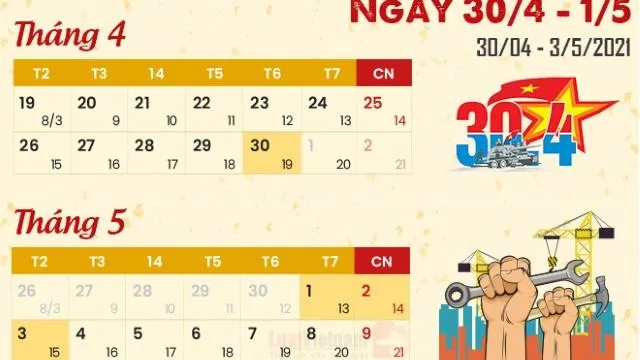 Dịp lễ 30/4 và 1/5 năm 2021: Người lao động được nghỉ 4 ngày