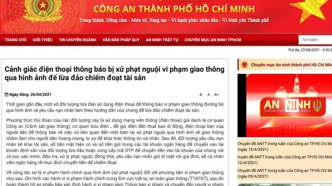 Công an TPHCM cảnh báo tình trạng giả danh CSGT để lừa đảo xử phạt nguội