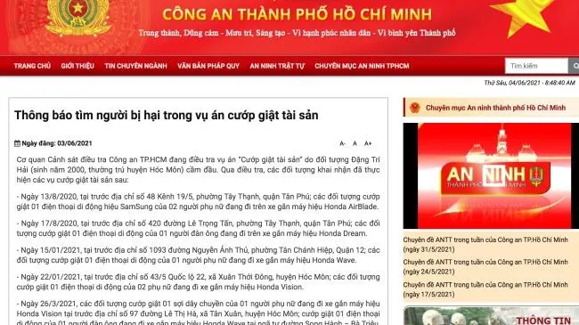 Công an TPHCM thông báo tìm người bị hại trong vụ án cướp giật tài sản