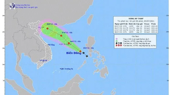 Vùng áp thấp cách quần đảo Hoàng Sa khoảng 700km về phía Đông Nam