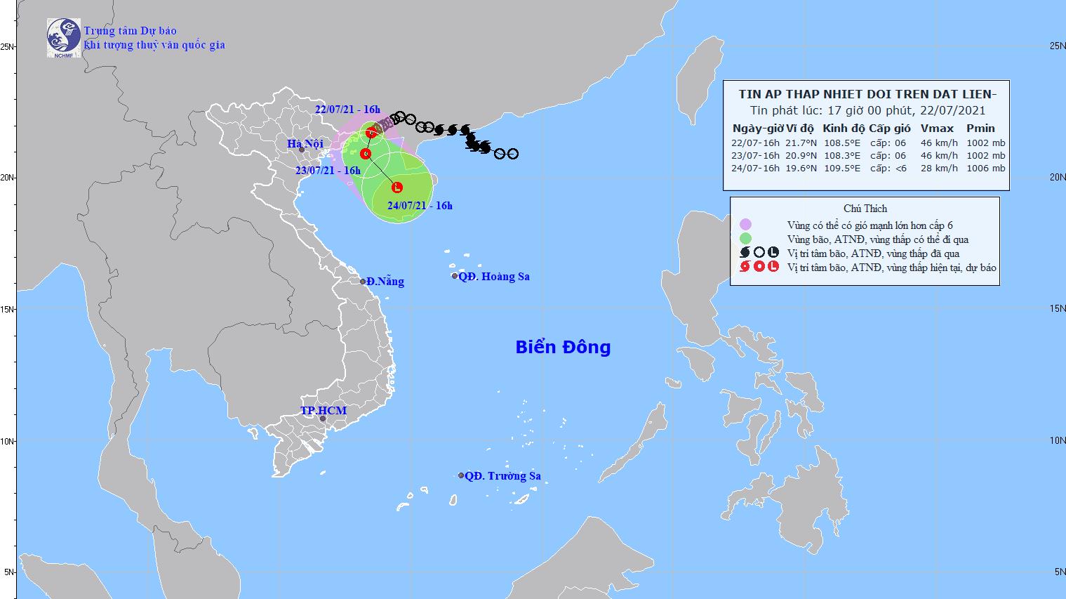 Tin áp thấp nhiệt đới mới nhất tối 22/7: Gần tâm áp thấp, gió mạnh cấp 6
