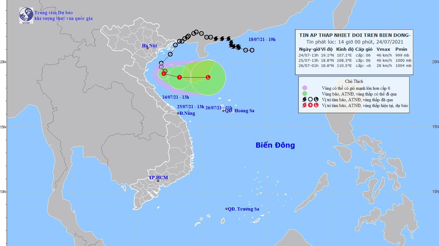 Áp thấp nhiệt đới cách bờ biển Thanh Hóa khoảng 130km về phía Đông Nam