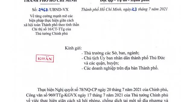 TPHCM ra văn bản khẩn về các biện pháp cụ thể phòng, chống dịch theo chỉ thị 16