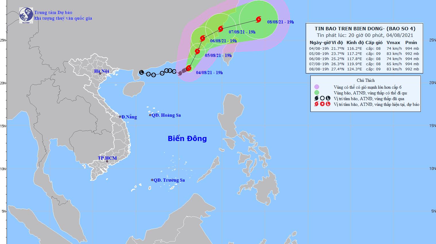 Bão số 4 di chuyển theo hướng Bắc Đông Bắc, mỗi giờ đi được khoảng 10km