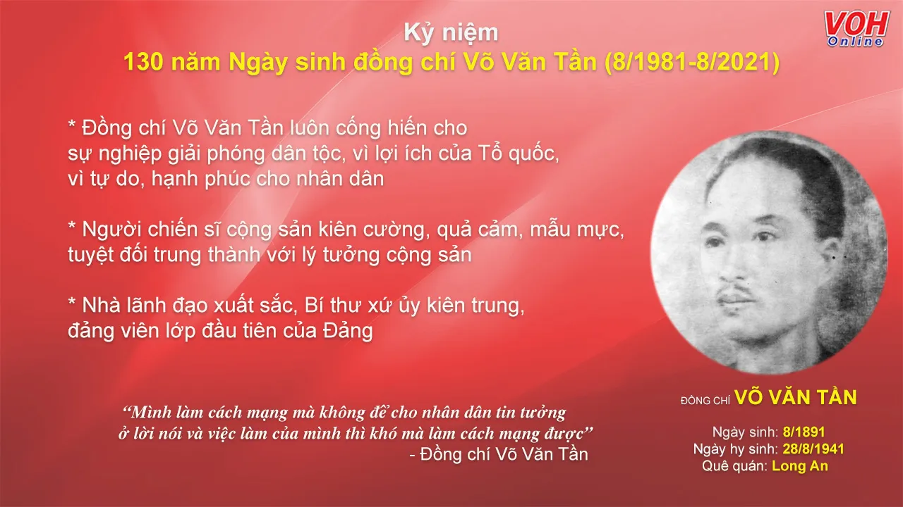 Kỷ niệm 130 năm ngày sinh đồng chí Võ Văn Tần (8/1891 - 8/2021)