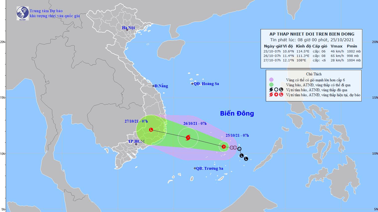 Áp thấp nhiệt đới mạnh cấp 6 cách đảo Song Tử Tây khoảng 110km về phía Nam Đông Nam