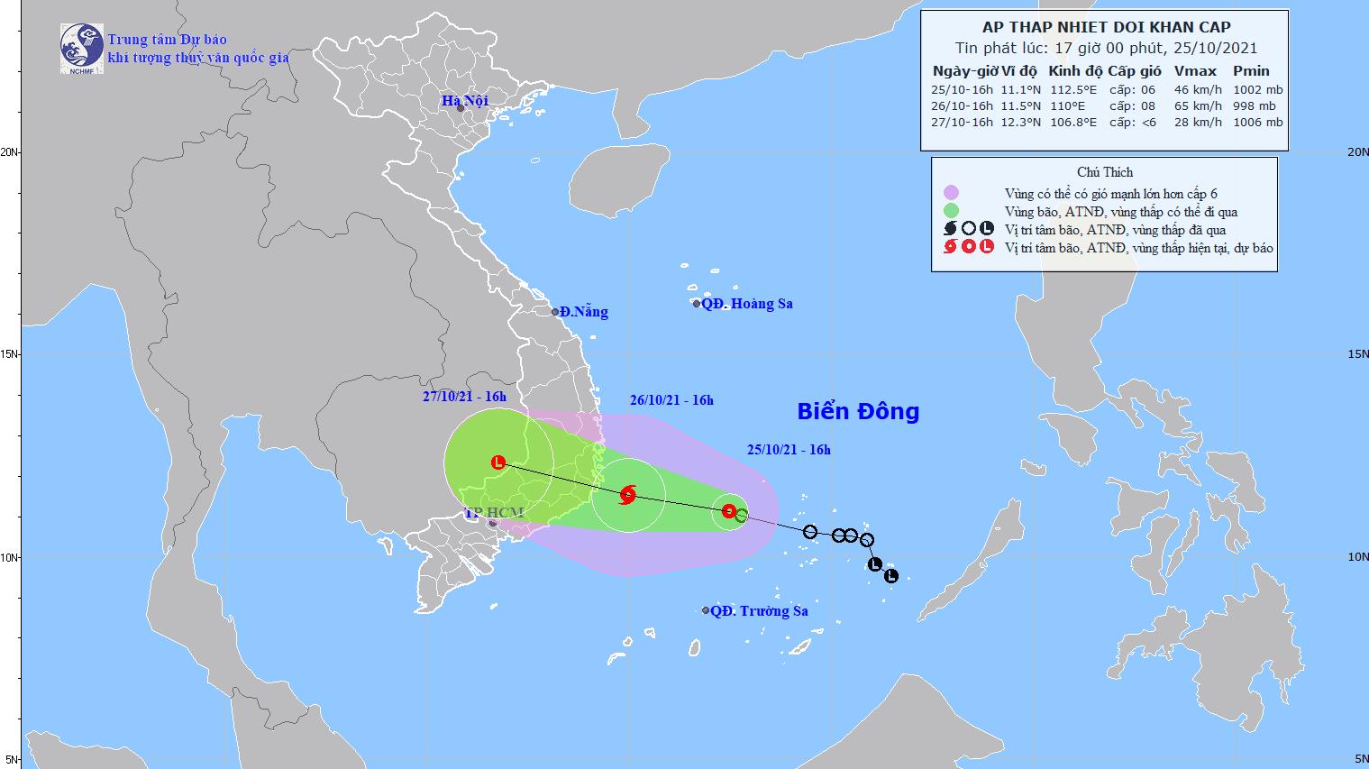 Áp thấp nhiệt đới cách Khánh Hòa khoảng 380km