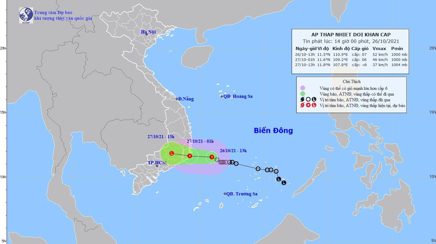 Áp thấp nhiệt đới mạnh cấp 6-7 cách Ninh Thuận khoảng 210km