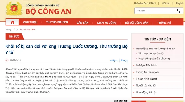 Bộ Công an khởi tố bị can đối với ông Trương Quốc Cường, Thứ trưởng Bộ Y tế