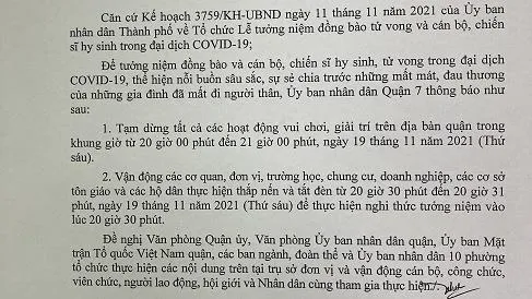 Tạm dừng tất cả các hoạt động vui chơi, giải trí trong đêm tưởng niệm người qua đời do Covid-19