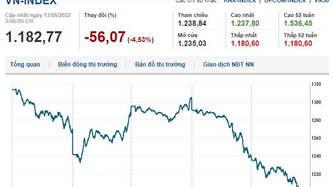Thị trường chứng khoán 13/5/2022: Bán tháo, VN-Index lại giảm mạnh