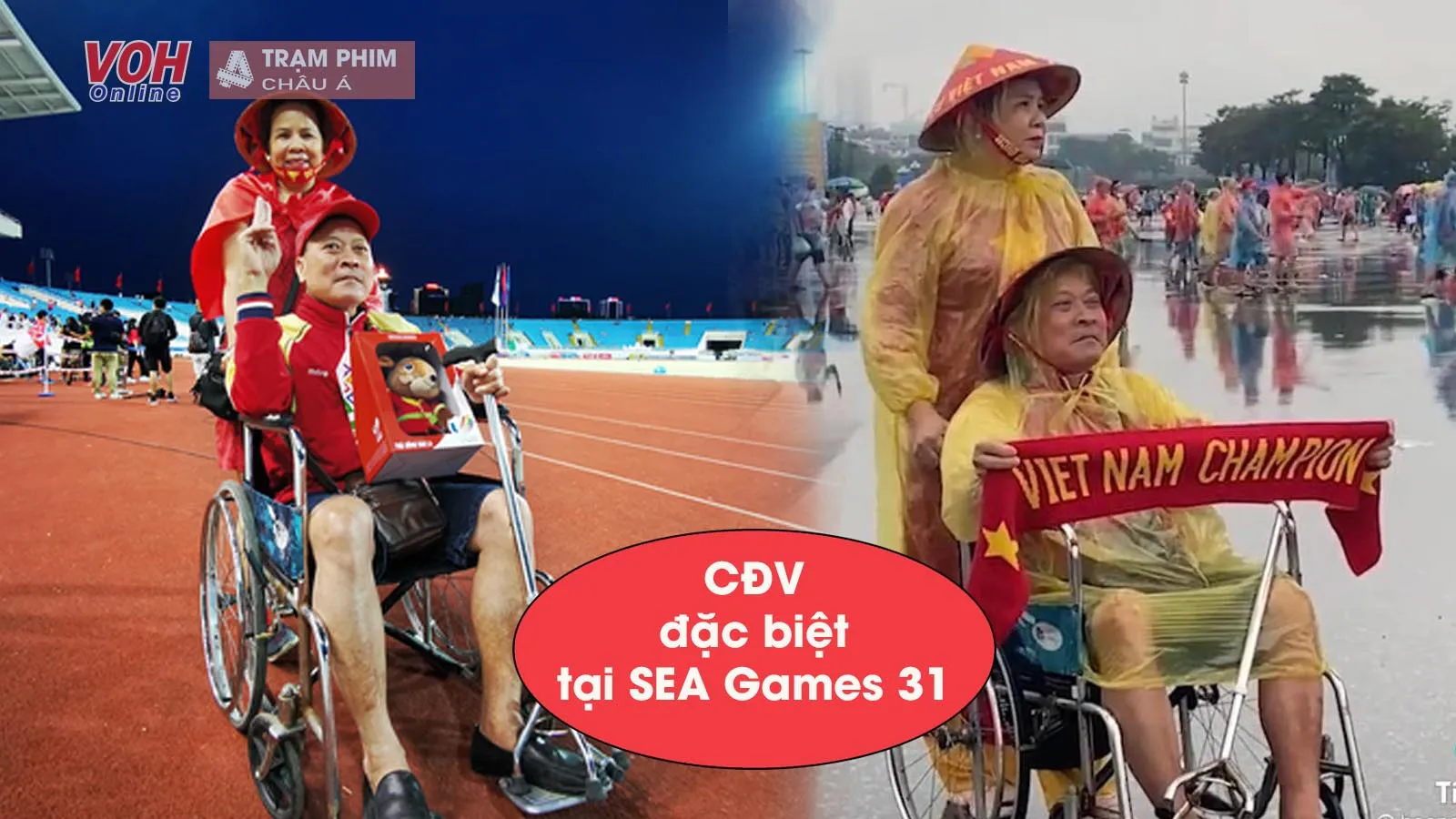 Cảm động CĐV 60 tuổi ngồi xe lăn, được vợ đẩy đi khắp nơi cổ vũ SEA Games 31