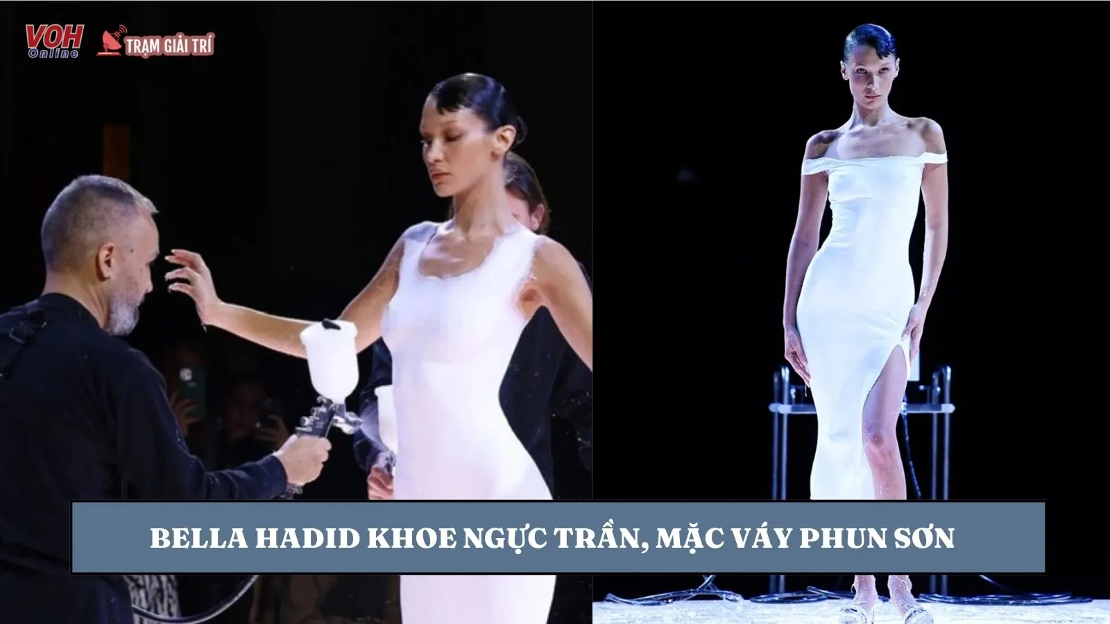 Bella Hadid khoe ngực trần, mặc váy phun sơn tại Paris Fashion Week 2022