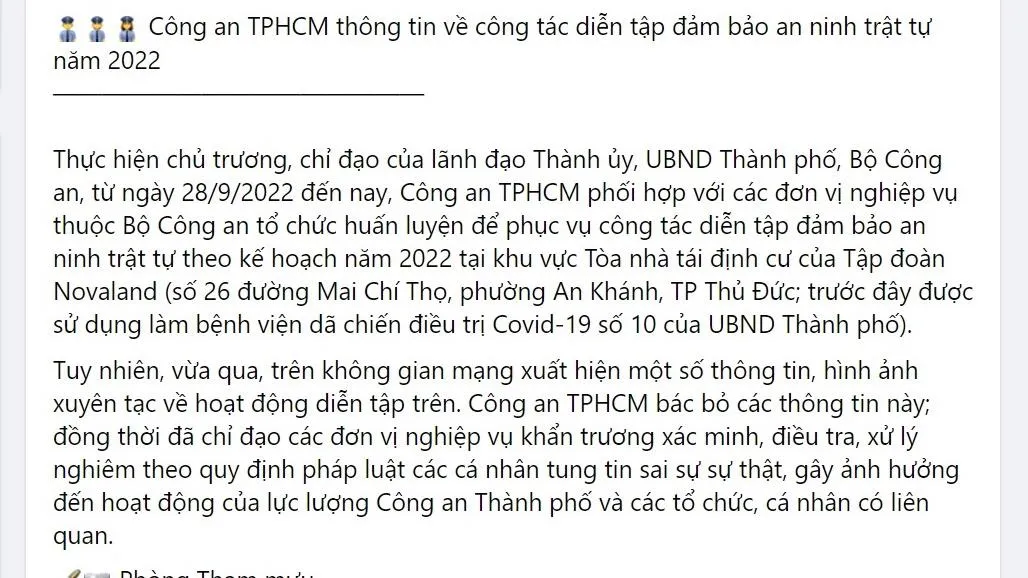 Công an TPHCM đang diễn tập tại tòa nhà Novaland, không có “biến” như tin đồn trên mạng