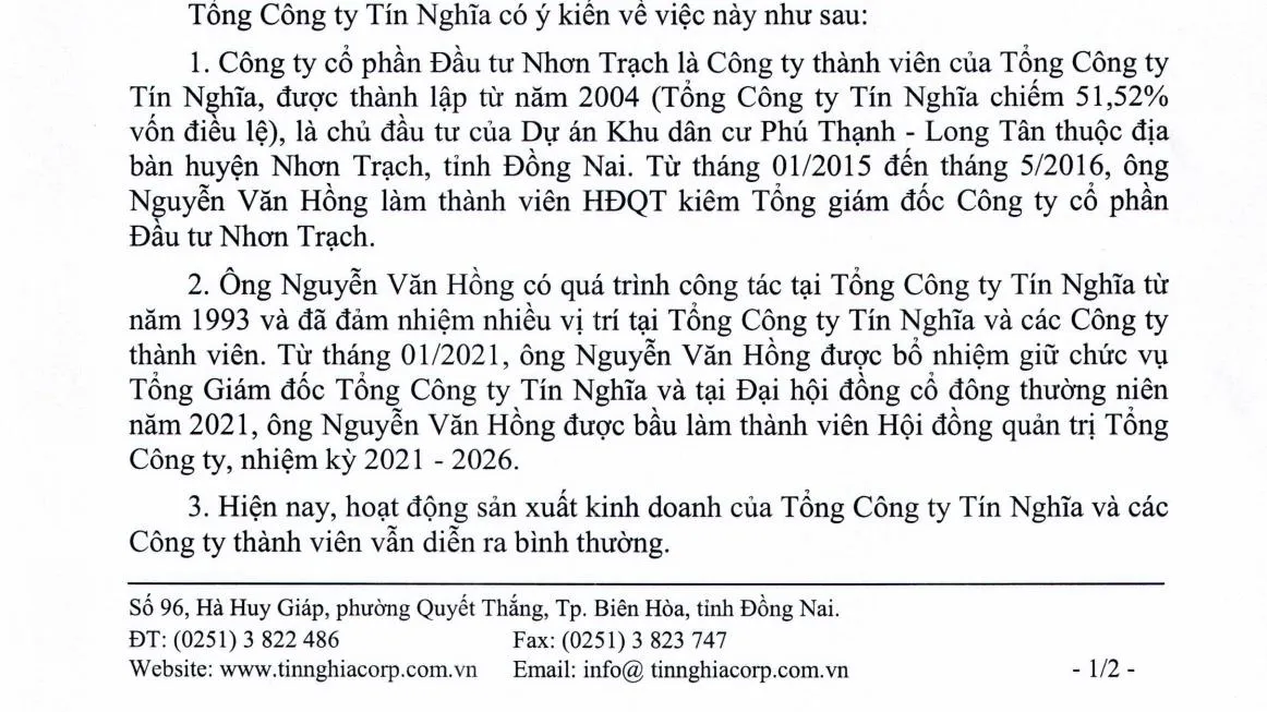 Công ty Tín Nghĩa liên quan gì tới Công ty Cổ phần Đầu tư Nhơn Trạch?