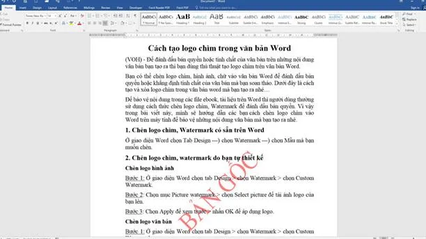 Cách tạo logo chìm, hình mờ trong văn bản Word