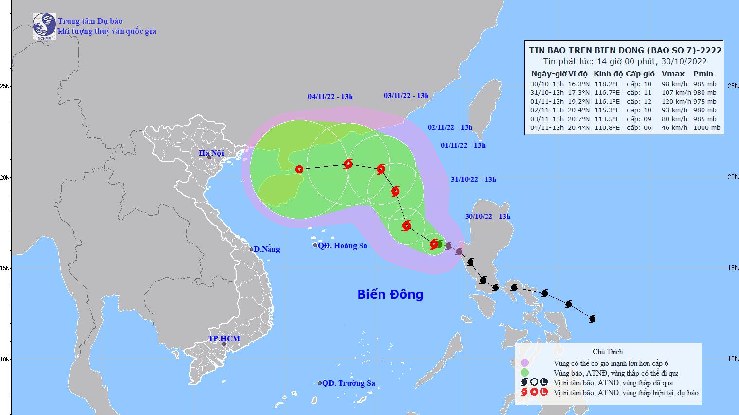 Bão số 7 chuyển hướng Tây Tây Bắc hướng vào vùng biển Bắc bộ, có xu hướng mạnh dần lên