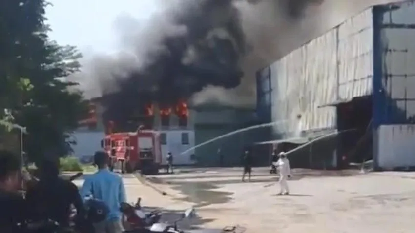 Cháy dữ dội ở một xưởng làm viên gỗ nén ở Bình Dương