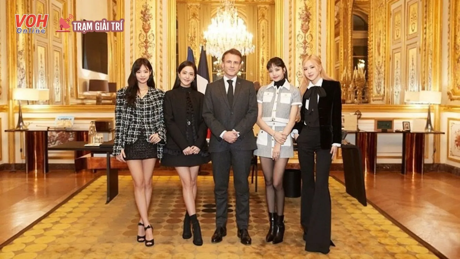 BLACKPINK xuất hiện chung khung hình với tổng thống Pháp Macron và phu nhân Britgitte Macron