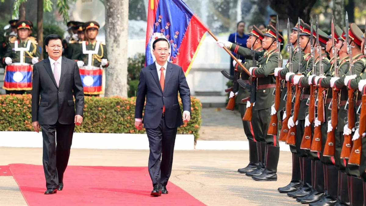 Lễ đón trọng thể Chủ tịch nước Võ Văn Thưởng thăm chính thức Lào