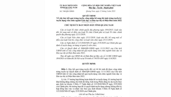 Lý do Quảng Nam hủy kết quả trúng tuyển viên chức giáo dục 44 thí sinh?