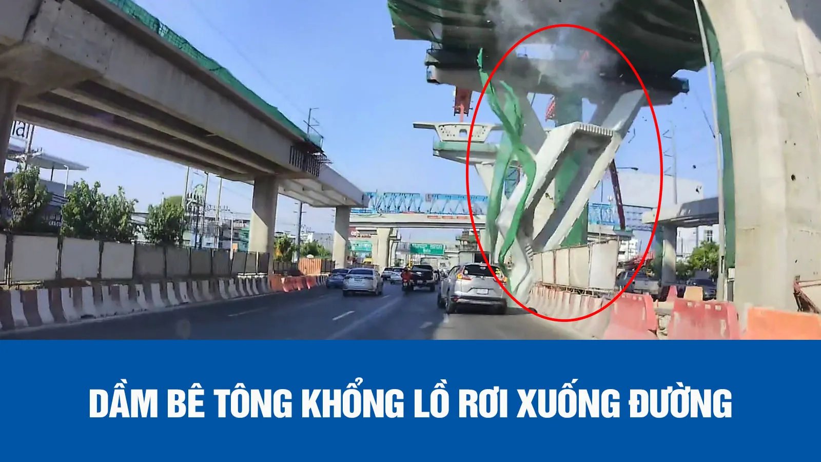 Dầm bê tông rơi xuống đường, suýt đè bẹp ô tô