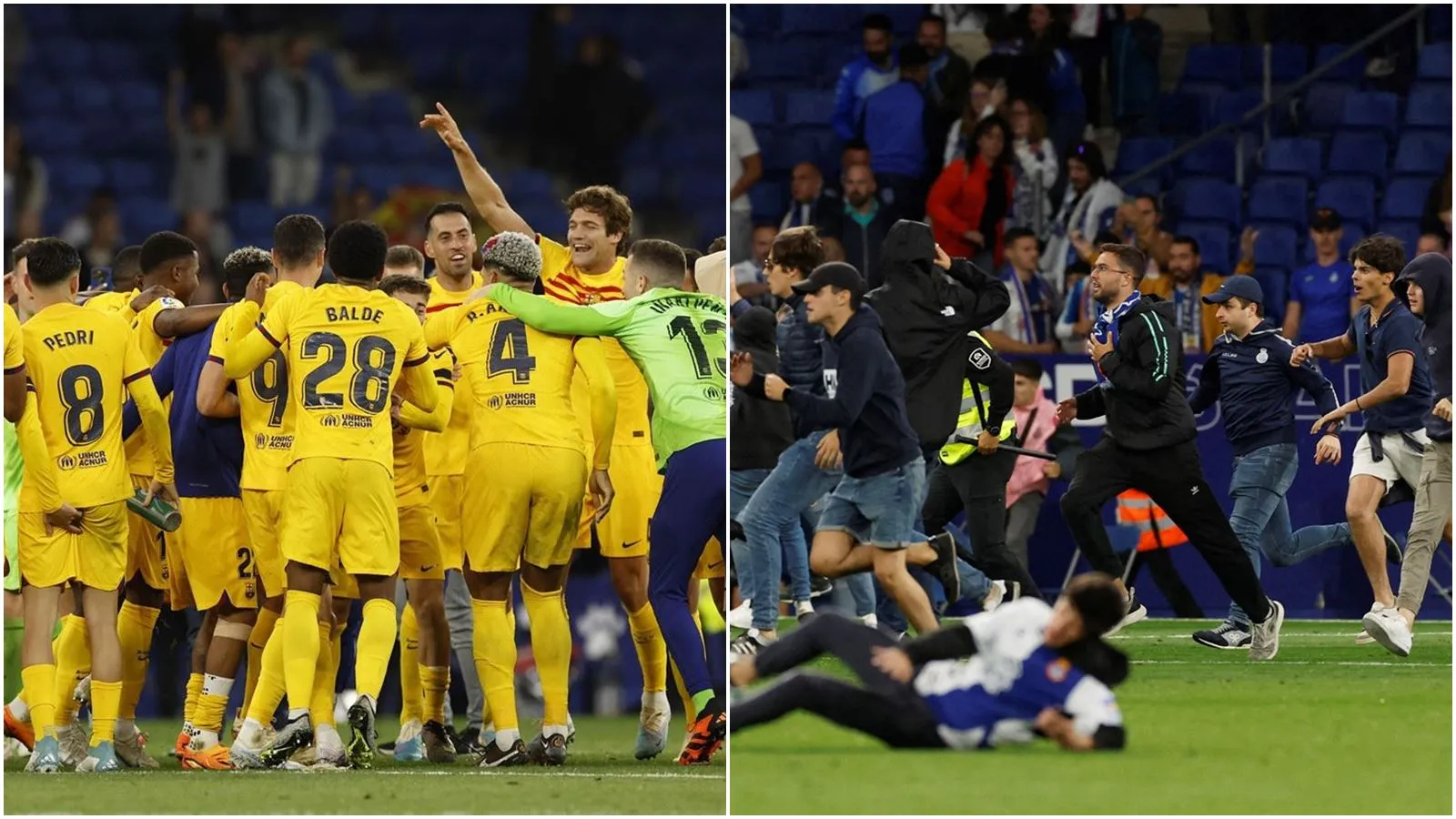 Ăn mừng chức vô địch, cầu thủ Barca bị CĐV Espanyol lao xuống sân tấn công