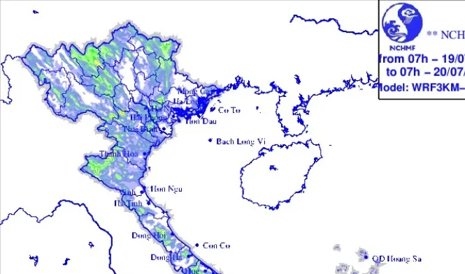 Ngày 19/7: Bắc Bộ và Thanh Hóa, Nghệ An mưa to