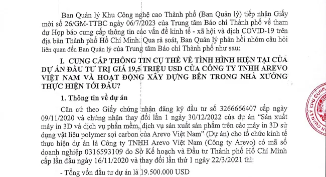 Khu Công nghệ cao thông tin về dự án Arevo Việt Nam dừng hoạt động
