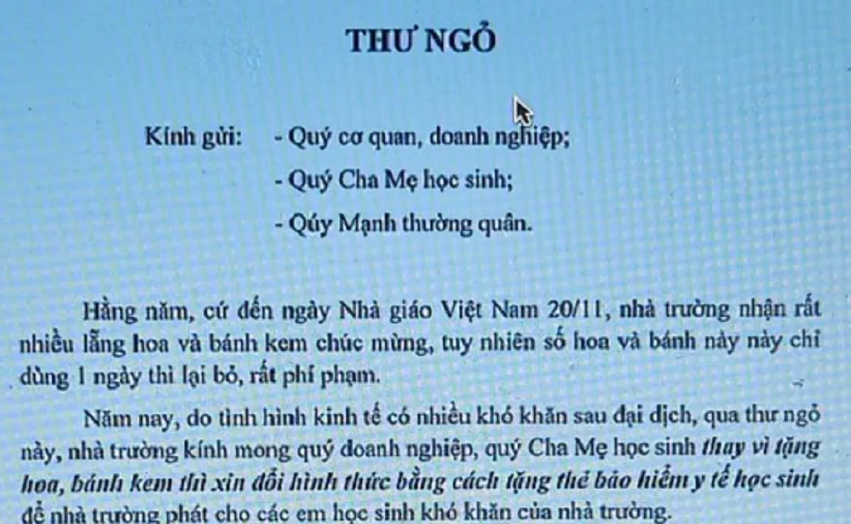 Một trường học muốn nhận thẻ Bảo hiểm Y tế cho học sinh thay vì nhận hoa dịp 20/11