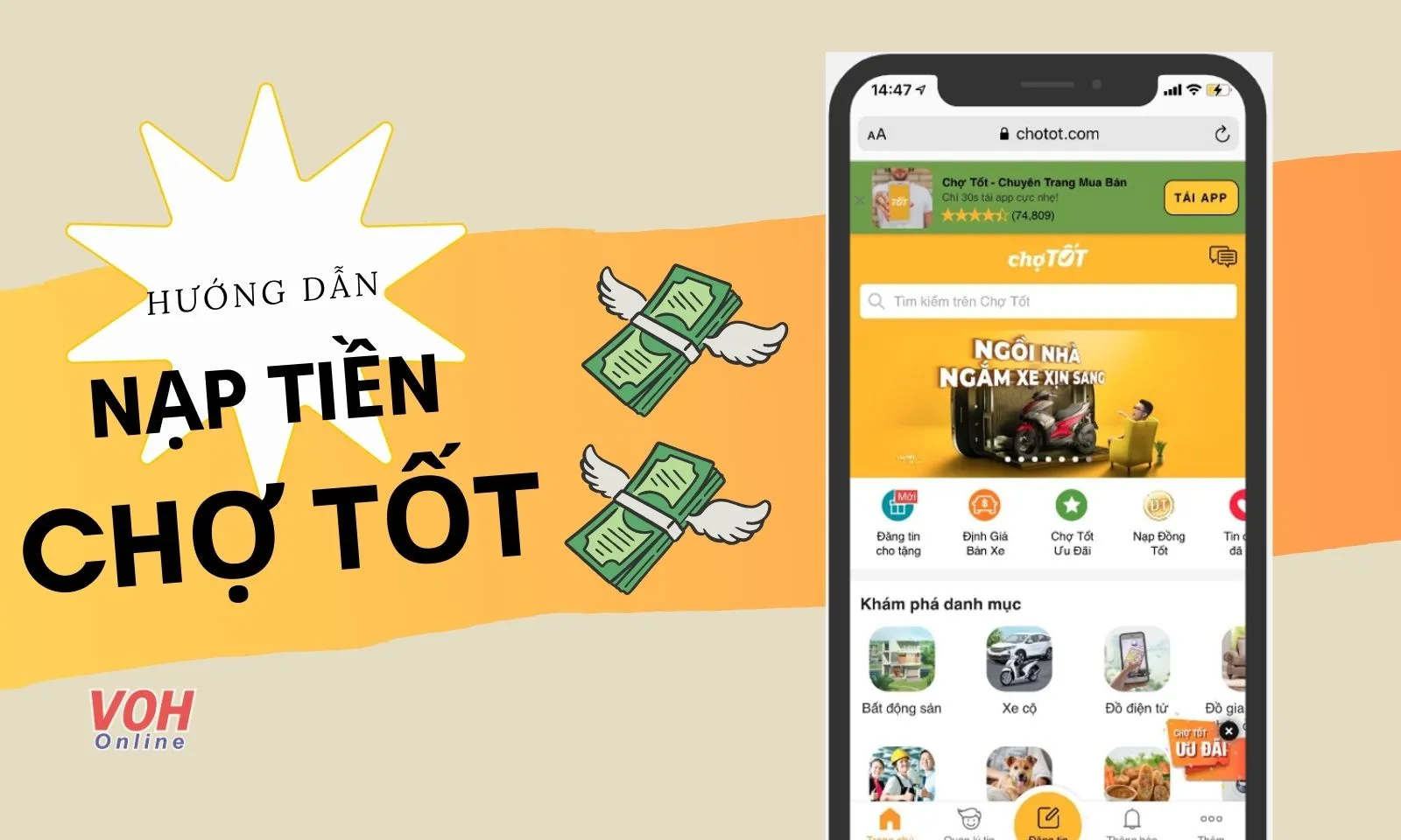 Hướng dẫn cách nạp tiền Chợ Tốt qua điện thoại, máy tính