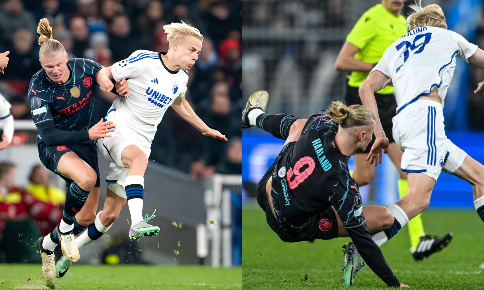 Em trai Hojlund cực chiến, húc Haaland ngã lộn nhào xuống sân