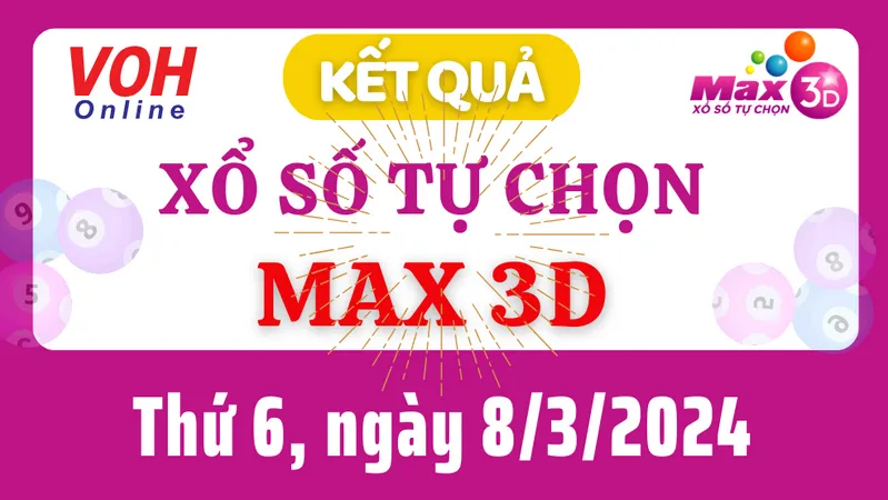 Vietlott MAX 3D 8/3 - Kết quả xổ số Vietlott hôm nay thứ 6 8/3/2024