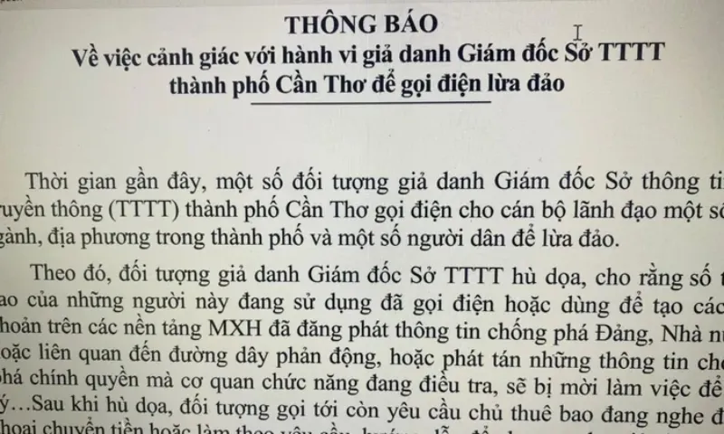 Giả danh Giám đốc Sở TT-TT Cần Thơ để gọi điện lừa đảo