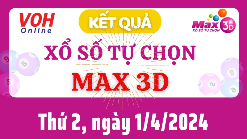 Vietlott MAX 3D 1/4 - Kết quả xổ số Vietlott hôm nay thứ 2 1/4/2024