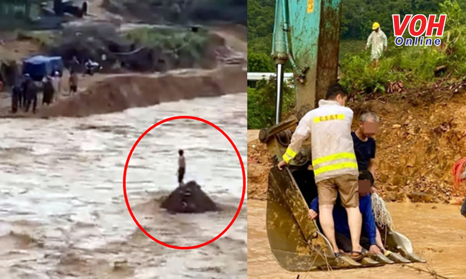 Công an nhảy xuống dòng nước cứu người mắc kẹt giữa cơn lũ quét ở Quảng Nam